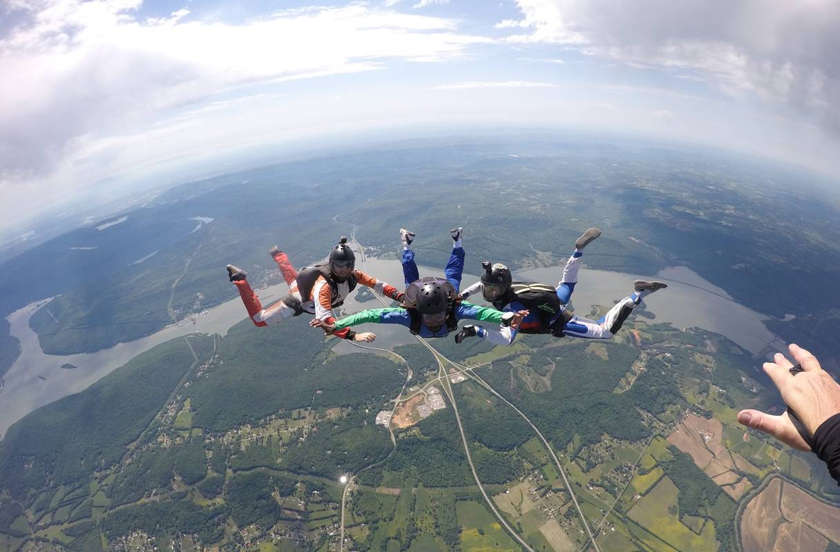 AFF student doing hands on training with the Chattanooga Skydiving Company's instructors.