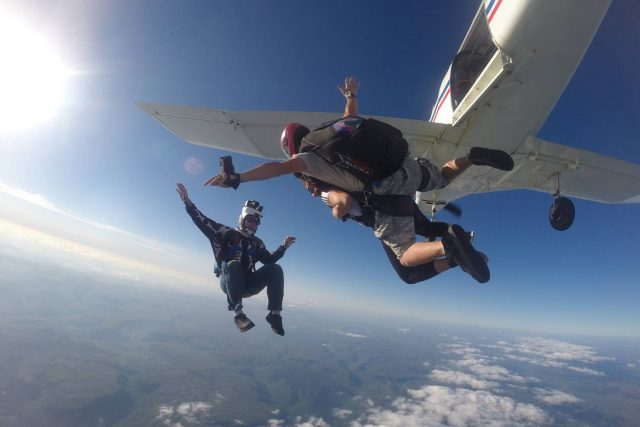 Tandem skydiver in free fall after leaping from the Chattanooga Skydiving Company airplane